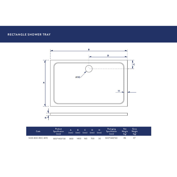 Scudo Riva Rectangular Shower Tray with Waste - White