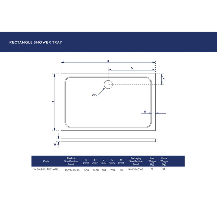 Scudo Riva Rectangular Shower Tray with Waste - White