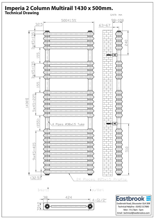 Eastbrook Imperia Vertical Multirail 2 Column Radiator - Matt Anthracite