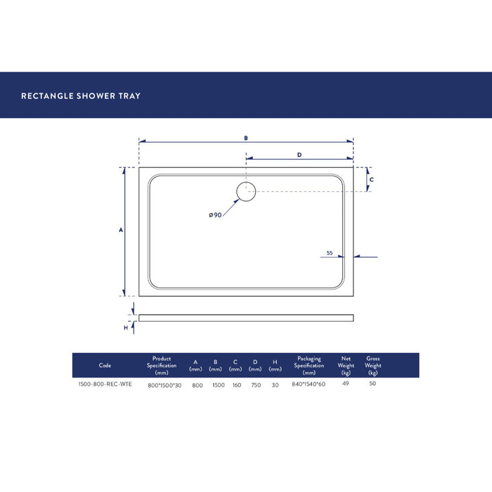 Scudo Riva Rectangular Shower Tray with Waste - White