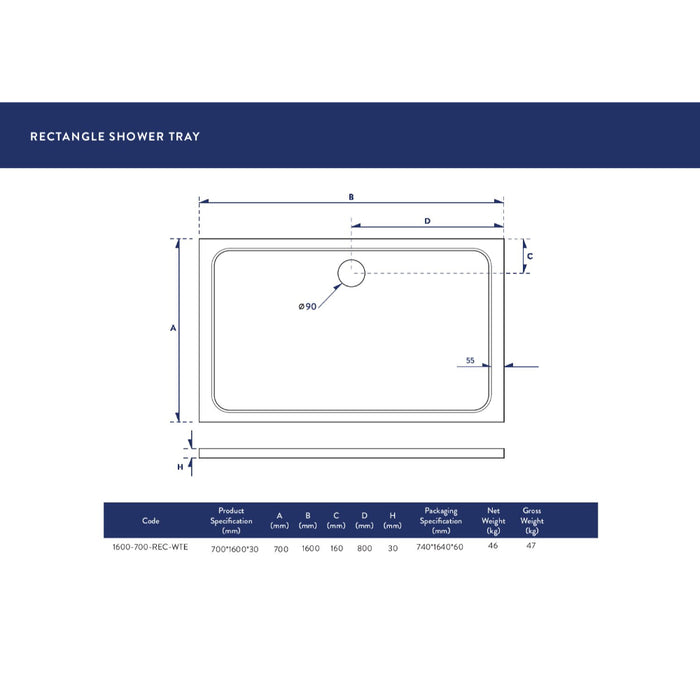 Scudo Riva Rectangular Shower Tray with Waste - White