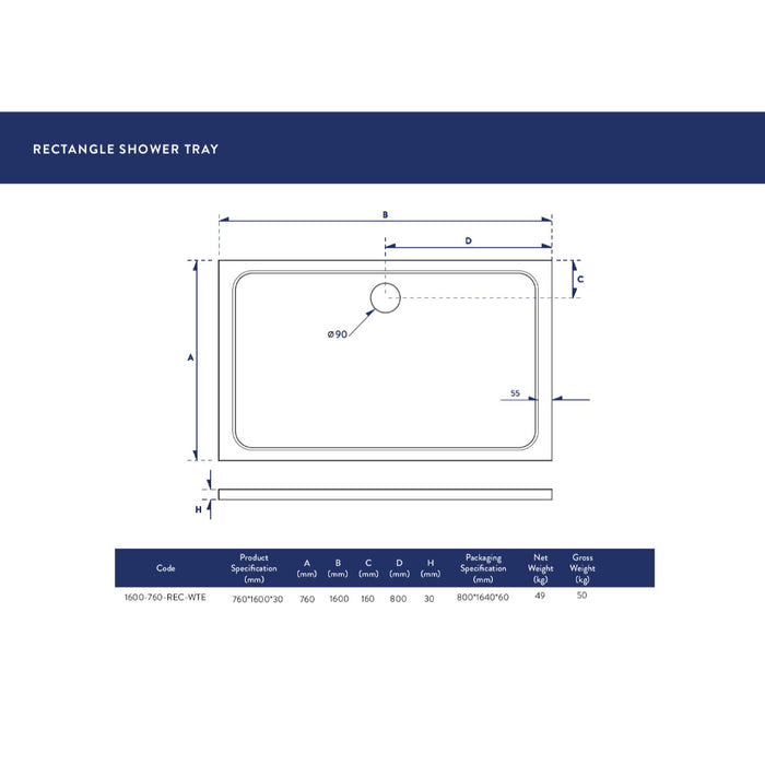 Scudo Riva Rectangular Shower Tray with Waste - White