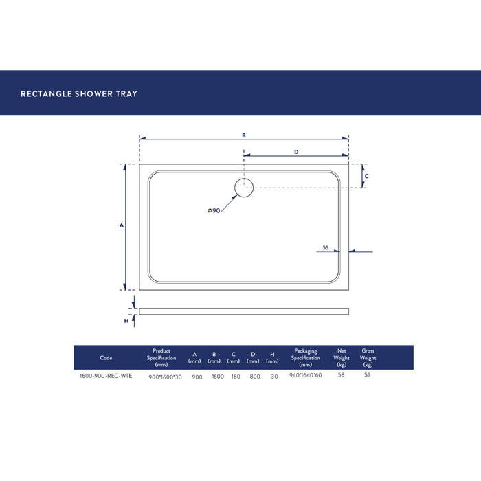 Scudo Riva Rectangular Shower Tray with Waste - White