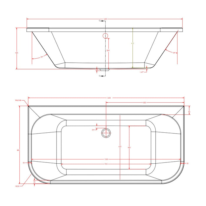 Eastbrook Malin D Shaped Back To Wall Bath with Front Bath Panel - No Tap Holes - White