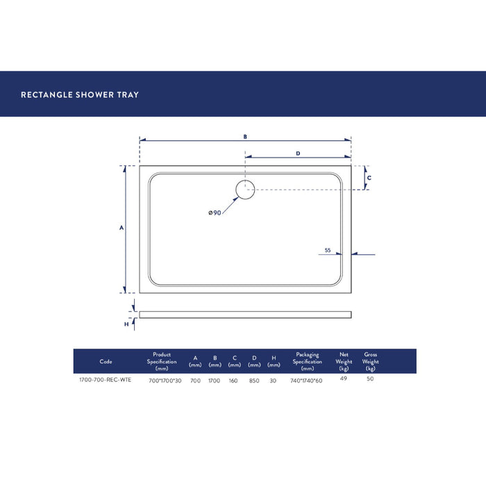 Scudo Riva Rectangular Shower Tray with Waste - White