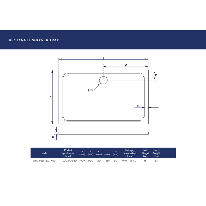 Scudo Riva Rectangular Shower Tray with Waste - White