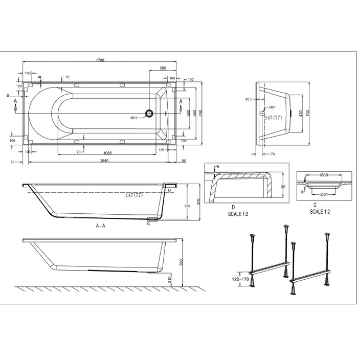 Crosswater Flow Single Ended Bath - White
