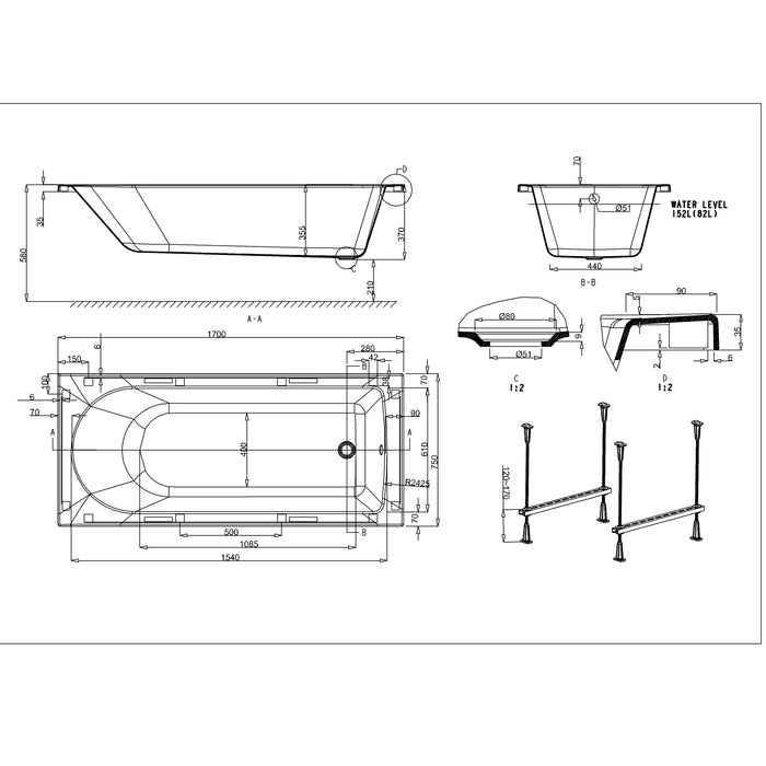 Crosswater Flow Single Ended Bath - White