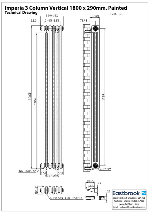 Eastbrook Imperia Vertical 3 Column Radiator - Matt Black