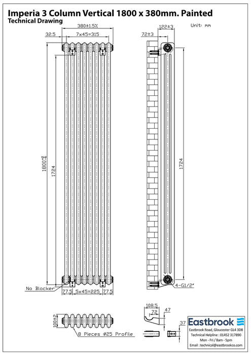 Eastbrook Imperia Vertical 3 Column Radiator - Matt Black