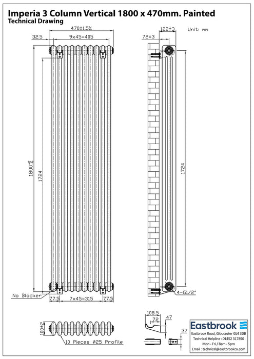 Eastbrook Imperia Vertical 3 Column Radiator - Matt Black