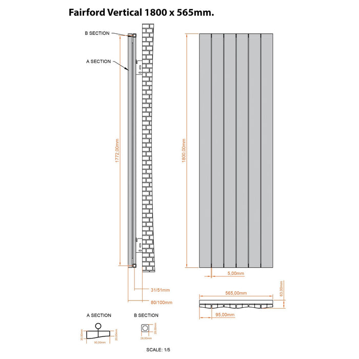 Eastbrook Fairford Aluminium Vertical Designer Radiator - Matt White