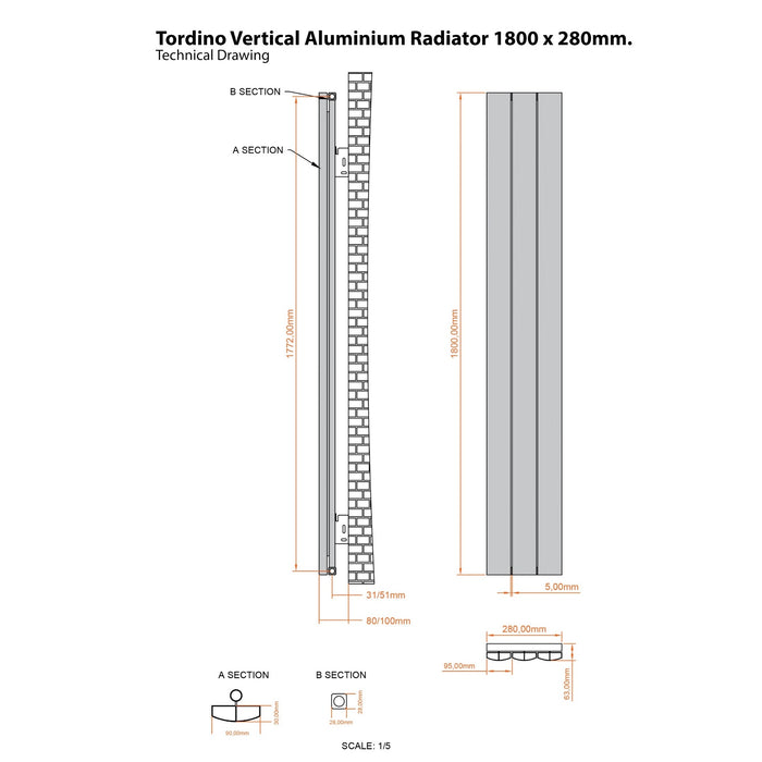 Eastbrook Tordino Aluminium Vertical Radiator - Matt Black