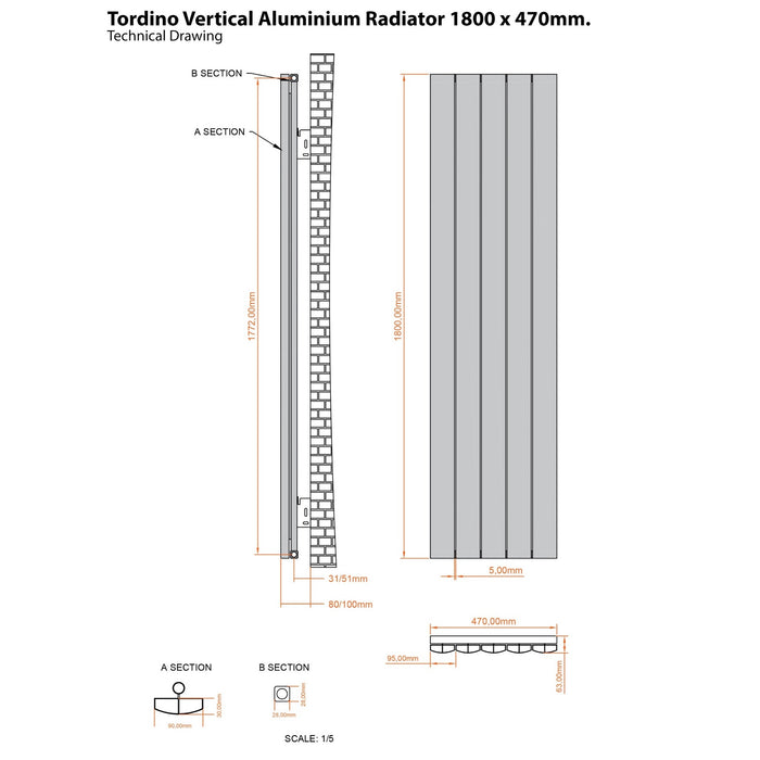 Eastbrook Tordino Aluminium Vertical Radiator - Matt Black