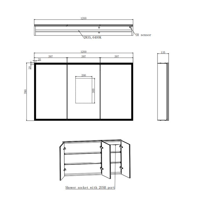 Eastbrook Cassio 3 Door Illuminated Mirror Cabinet - 700mm x 1200mm