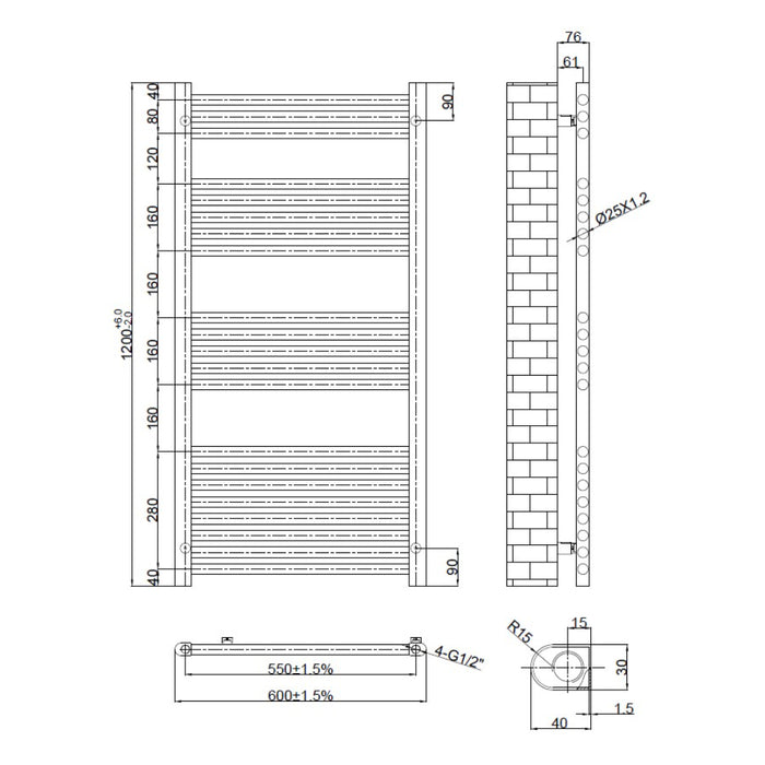 Tailored Omata Premium Heated Ladder Towel Rail 1200mm x 600mm