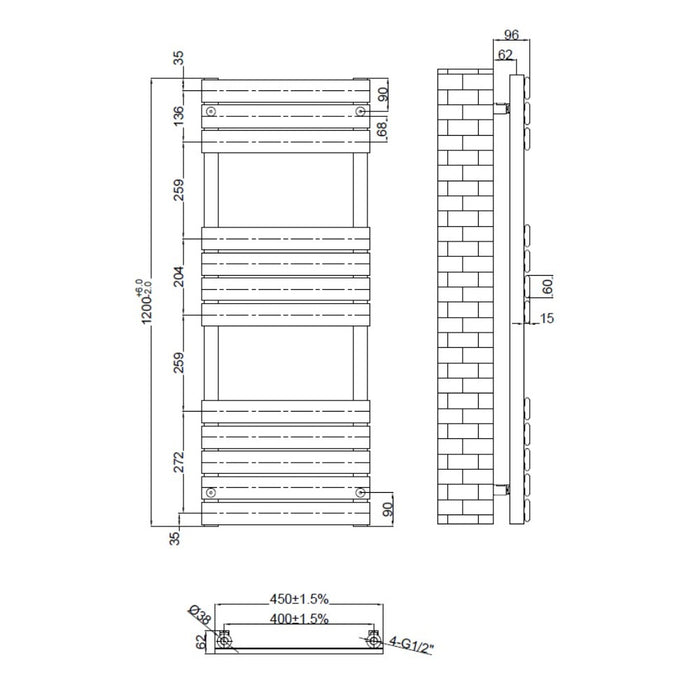 Tailored Queenstown Electric Pre-Filled Towel Rail with Thermo Element 1200mm x 450mm