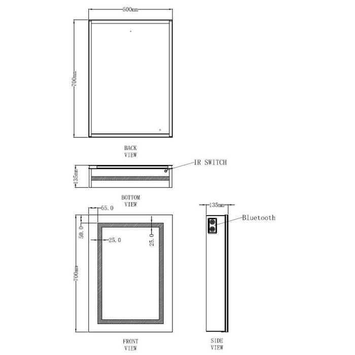 Tailored Jemima Illuminated LED Wireless Speaker Single Door Mirror Cabinet 500mm x 700mm
