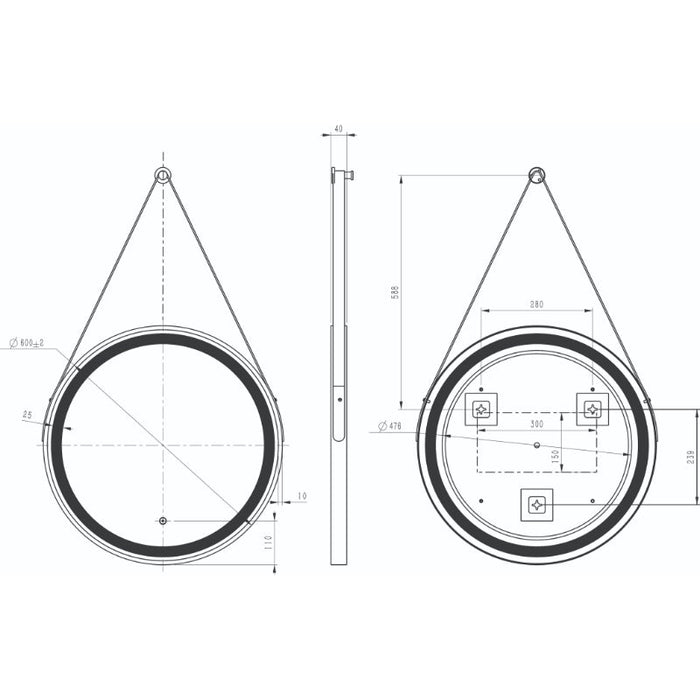 Tailored Delilah Orca 600mm Illuminated LED Round Touch Mirror with Black Hanging Strap