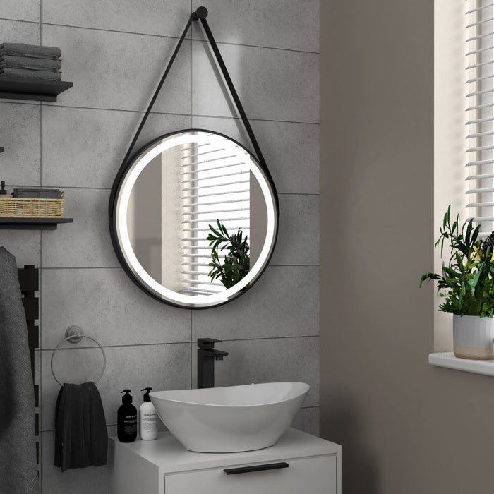 Tailored Delilah Orca 600mm Illuminated LED Round Touch Mirror with Black Hanging Strap