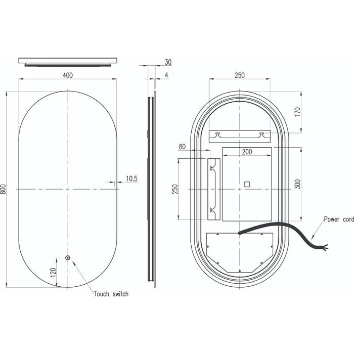 Tailored Raffy Illuminated Backlit LED Oval Touch Mirror 400mm x 800mm