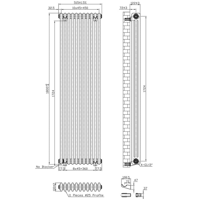 Eastbrook Imperia Vertical 3 Column Radiator - Matt Black
