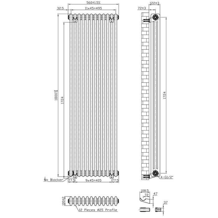 Eastbrook Imperia Vertical 3 Column Radiator - Matt Black