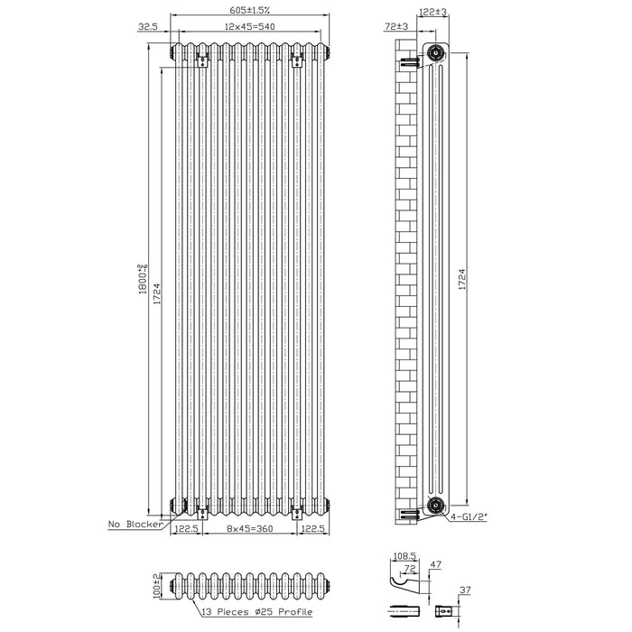 Eastbrook Imperia Vertical 3 Column Radiator - Matt Black