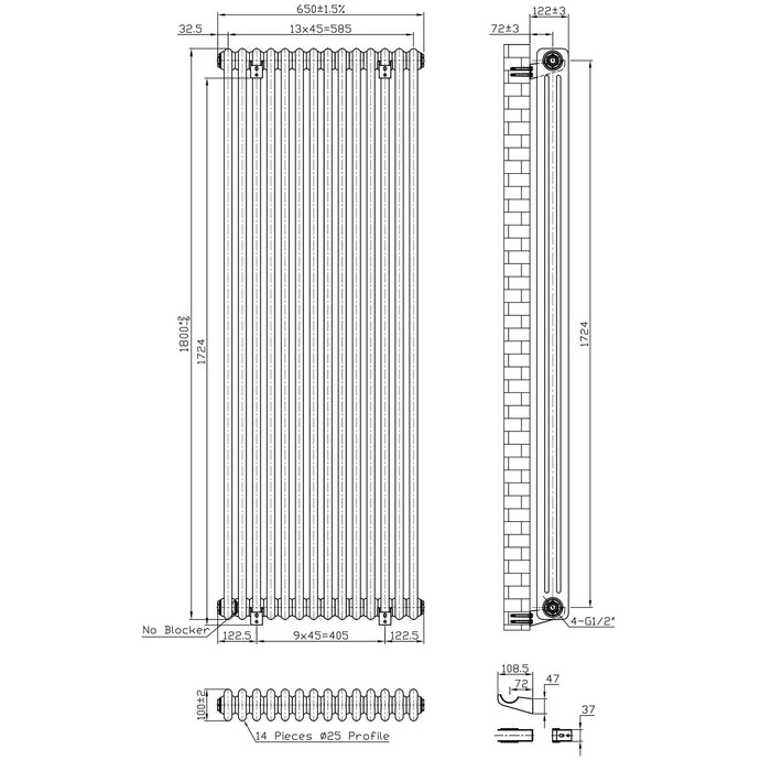 Eastbrook Imperia Vertical 3 Column Radiator - Matt Black