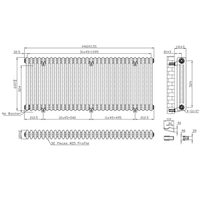 Eastbrook Imperia 3 Column Radiator Bare Metal