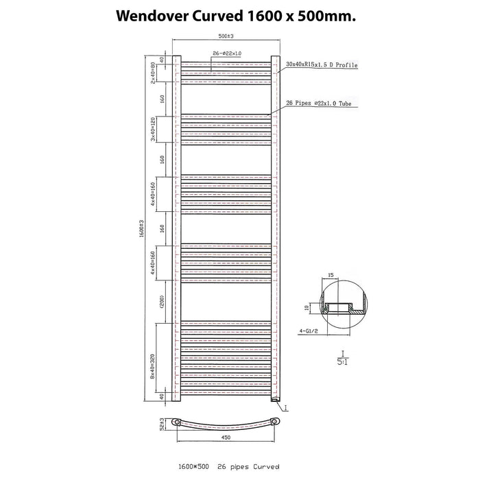 Eastbrook Wendover Vertical Curved Heated Towel Rail - Chrome