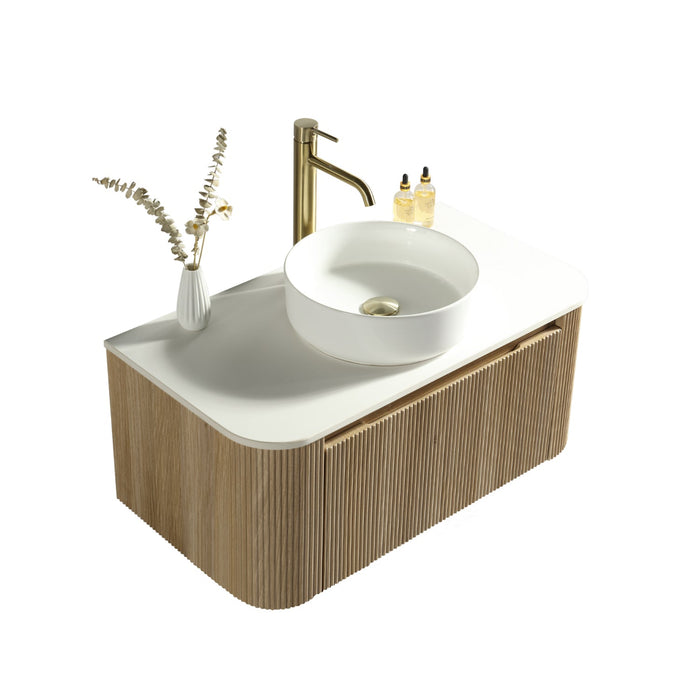 Tailored Flauto 1 Drawer Fluted Wall Hung Curve Corner Vanity Unit with Sintered Stone Countertop