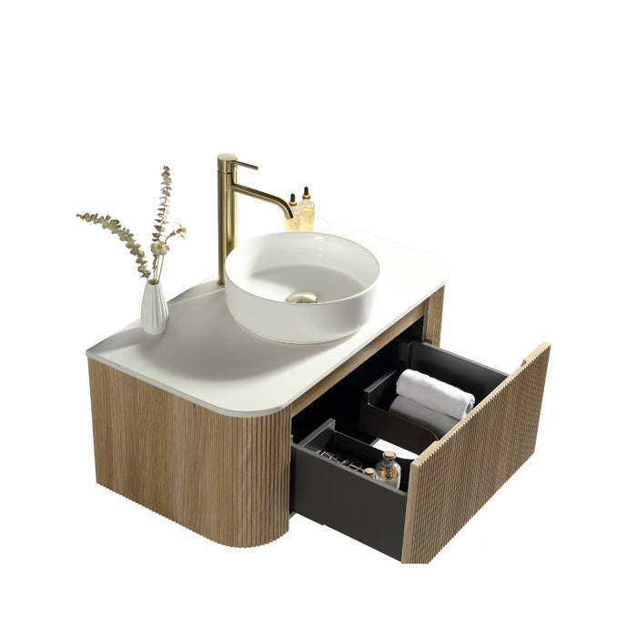 Tailored Flauto 1 Drawer Fluted Wall Hung Curve Corner Vanity Unit with Sintered Stone Countertop