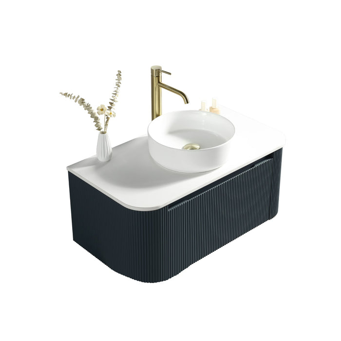 Tailored Flauto 1 Drawer Fluted Wall Hung Curve Corner Vanity Unit with Sintered Stone Countertop