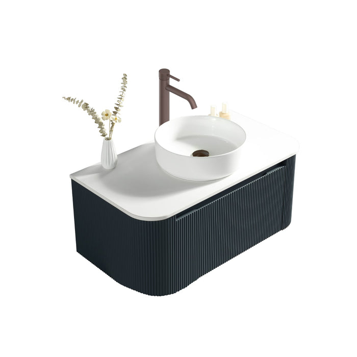 Tailored Flauto 1 Drawer Fluted Wall Hung Curve Corner Vanity Unit with Sintered Stone Countertop