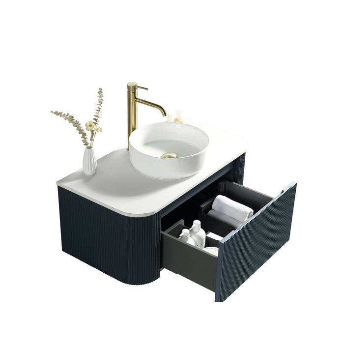 Tailored Flauto 1 Drawer Fluted Wall Hung Curve Corner Vanity Unit with Sintered Stone Countertop