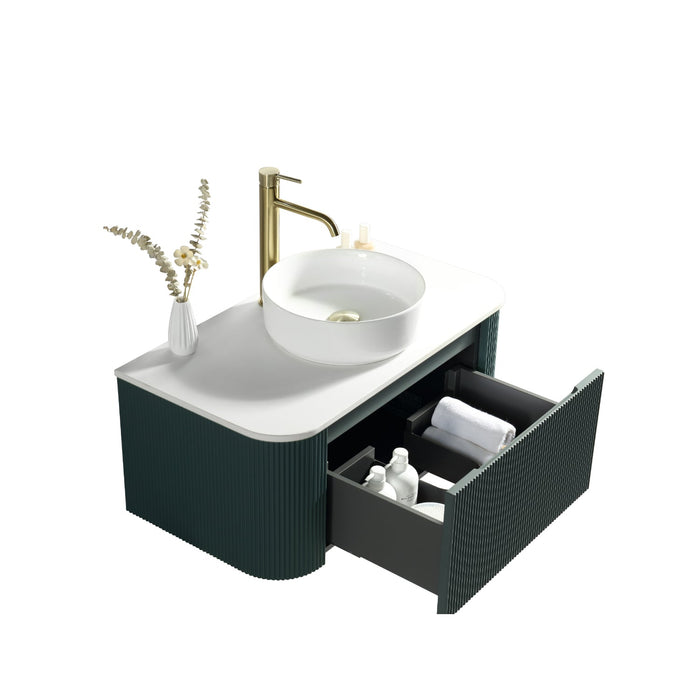 Tailored Flauto 1 Drawer Fluted Wall Hung Curve Corner Vanity Unit with Sintered Stone Countertop