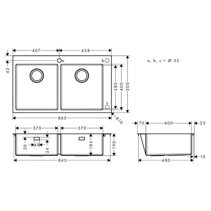 Hansgrohe S71 Double Bowl Kitchen Sink - 865x500mm - Stainless Steel