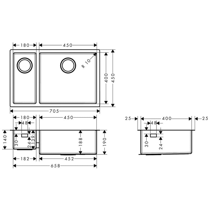 Hansgrohe S71 1.5 Bowl Undermount Kitchen Sink - 705x450mm - Stainless Steel