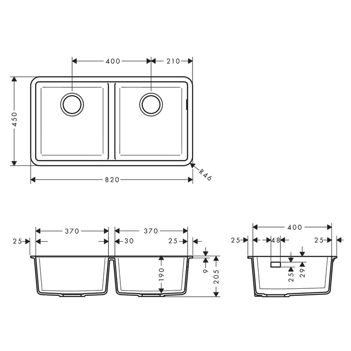 Hansgrohe S51 Double Bowl Granite Composite Undermount Kitchen Sink - 820x450mm - Concrete Grey