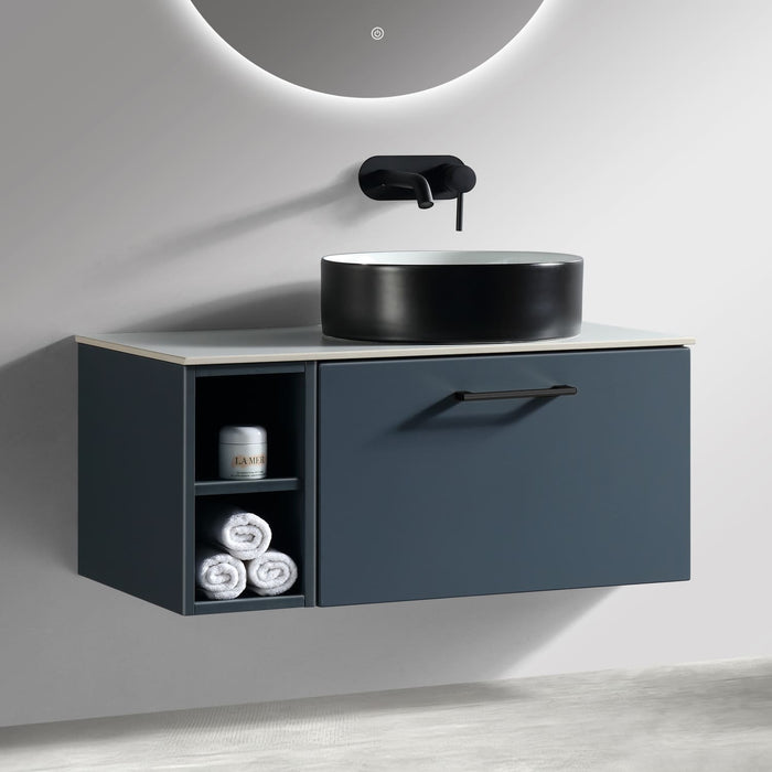 Tailored Piatta 800mm 1 Drawer Wall Hung Vanity Unit with Side Storage Box, Sintered Stone Countertop & Handle