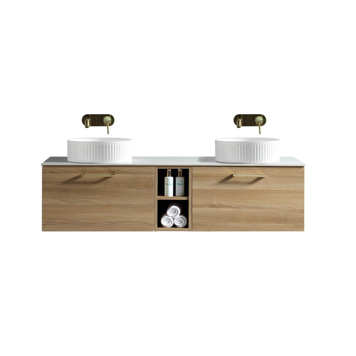 Tailored Piatta 1400mm 2 Drawer Wall Hung Double Vanity Unit with Storage Box, Sintered Stone Countertop & Handle