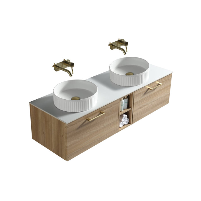 Tailored Piatta 1400mm 2 Drawer Wall Hung Double Vanity Unit with Storage Box, Sintered Stone Countertop & Handle
