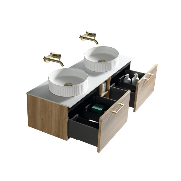 Tailored Piatta 1400mm 2 Drawer Wall Hung Double Vanity Unit with Storage Box, Sintered Stone Countertop & Handle