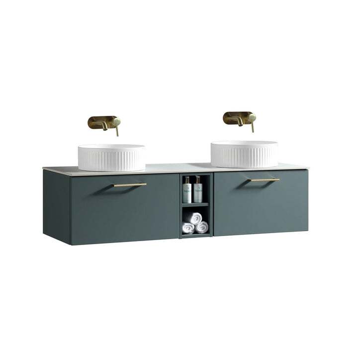 Tailored Piatta 1400mm 2 Drawer Wall Hung Double Vanity Unit with Storage Box, Sintered Stone Countertop & Handle
