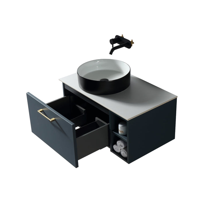 Tailored Piatta 800mm 1 Drawer Wall Hung Vanity Unit with Side Storage Box, Sintered Stone Countertop & Handle