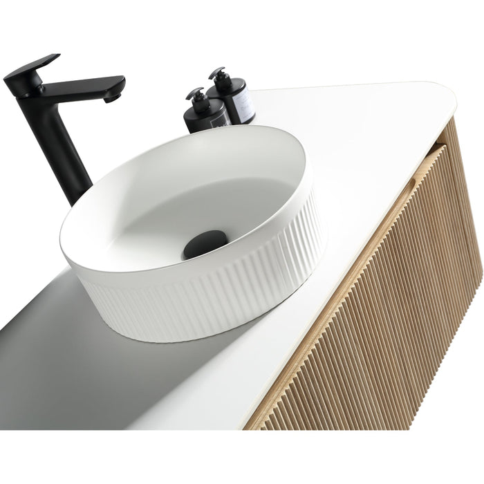 Tailored Flauto 1 Drawer Fluted Wall Hung Curve Corner Vanity Unit with Sintered Stone Countertop