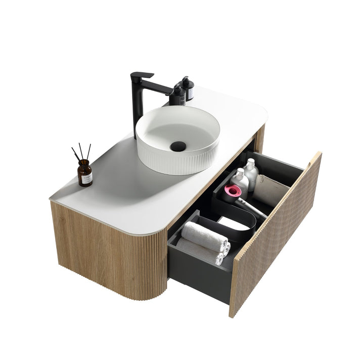 Tailored Flauto 1 Drawer Fluted Wall Hung Curve Corner Vanity Unit with Sintered Stone Countertop