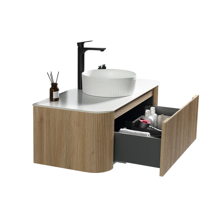 Tailored Flauto 1 Drawer Fluted Wall Hung Curve Corner Vanity Unit with Sintered Stone Countertop