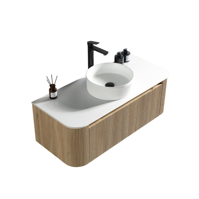 Tailored Flauto 1 Drawer Fluted Wall Hung Curve Corner Vanity Unit with Sintered Stone Countertop